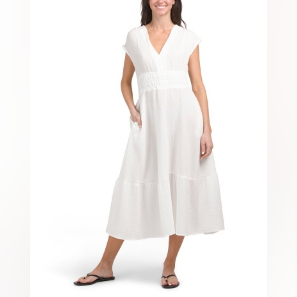 NWT - Joe's Ivory Cotton Gauze V Neck Smocked Waist Tiered Maxi Dress - Size L